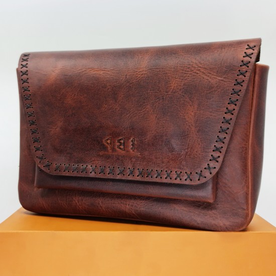 Genuine Leather / Athena Cross Sewing Handbag - Tobacco