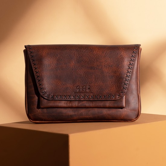 Genuine Leather / Athena Cross Sewing Slim Handbag - Tobacco